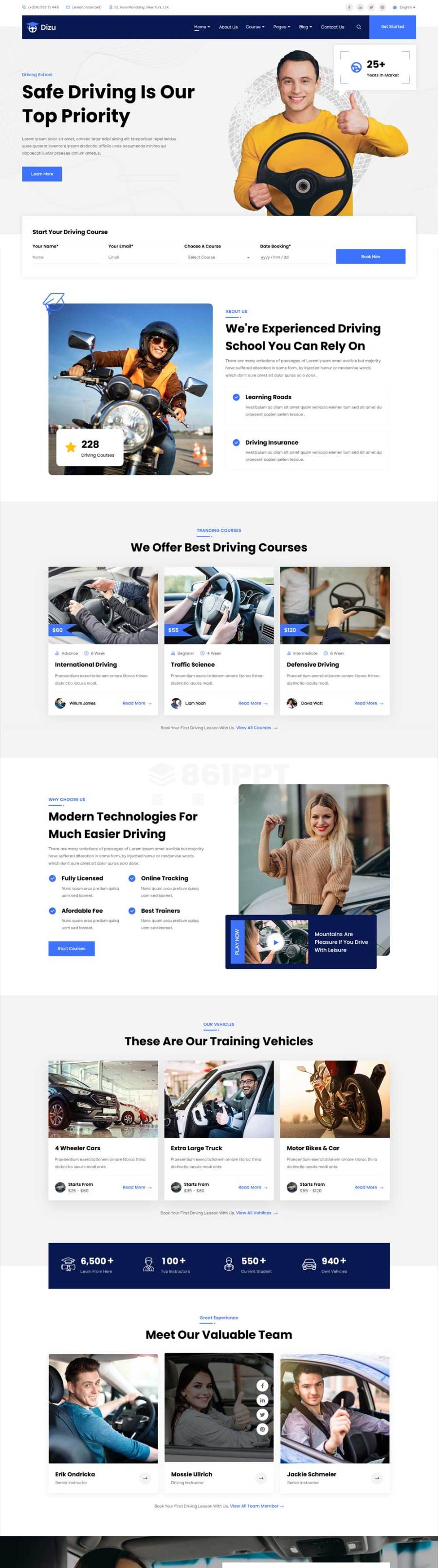 蓝色的汽车驾驶课程学校HTML网站模板