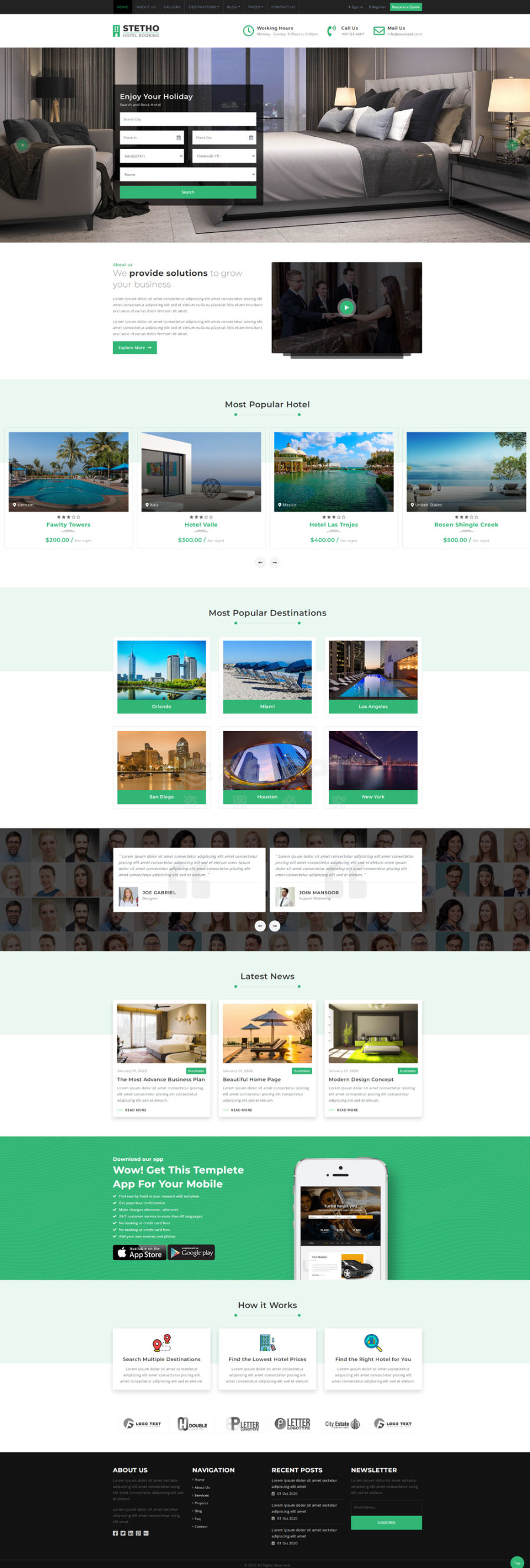 绿色的在线酒店预订官方网站介绍页面HTML5模板