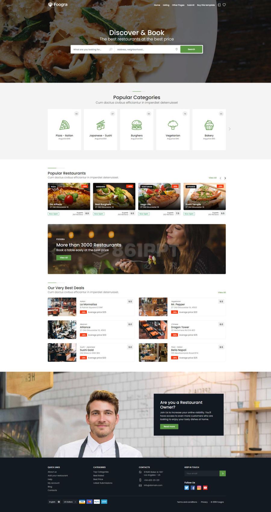 响应式Foogra美食餐饮店铺商户服务平台网站模板