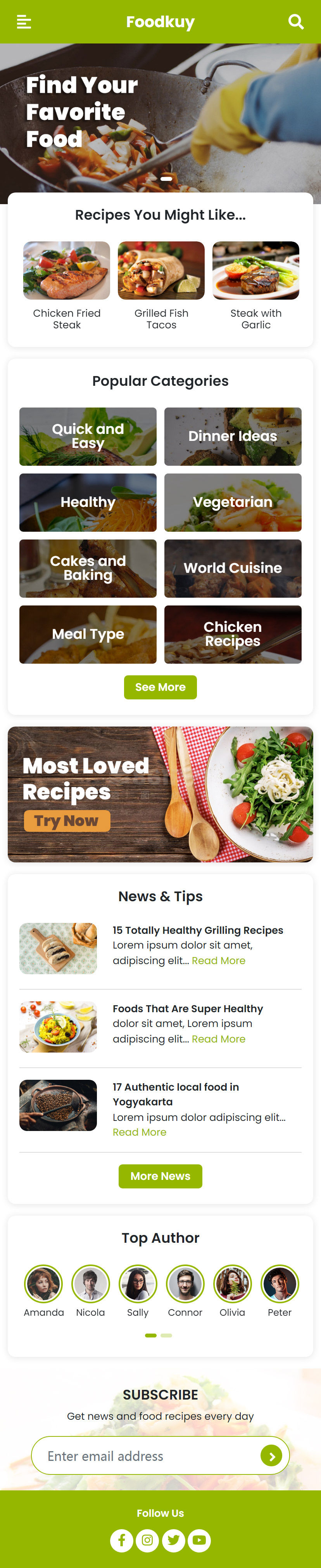 绿色的美食菜谱制作分享平台手机网站模板html